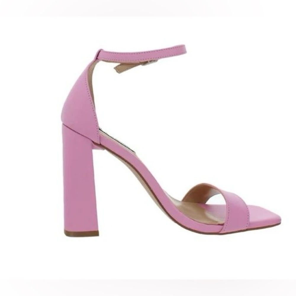 Steve Madden Tiaa Pink Leather Block Heel Sandals 10M Square Toe Strappy Dress
